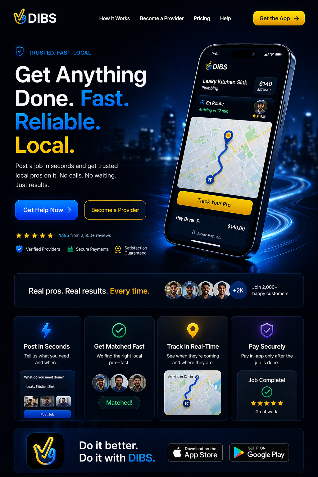 DIBS app on a full-length smartphone with a metallic blue frame, provider map, and yellow tracking button